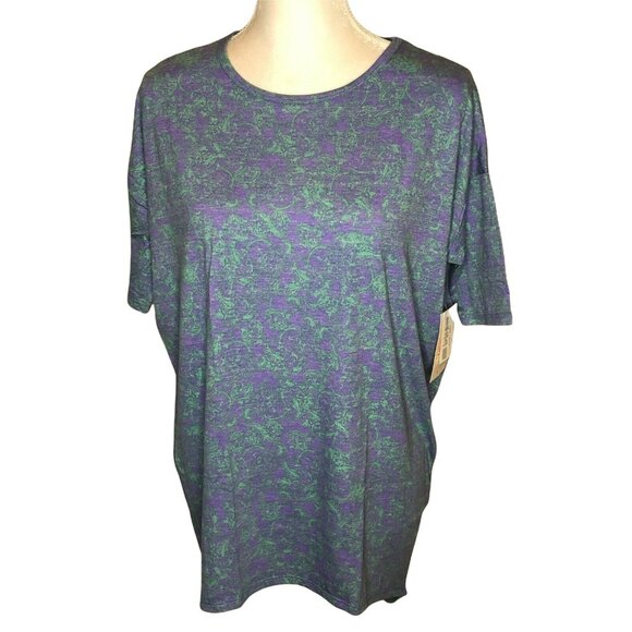 LuLaRoe Irma Top XXS Purple & Green Paisley Print High-Low Short Sleeve Tunic - Picture 1 of 10